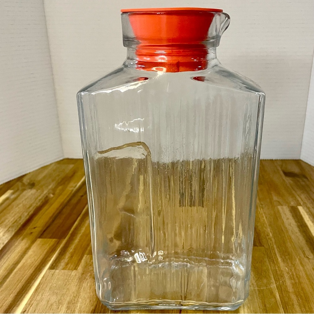 Vintage Anchor Hocking Clear Glass Refrigerator Jar Orange Lid Ribbed 10.25”